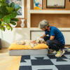 Dog being petted whilst laying on the Omlet Topology dog bed with beanbag topper