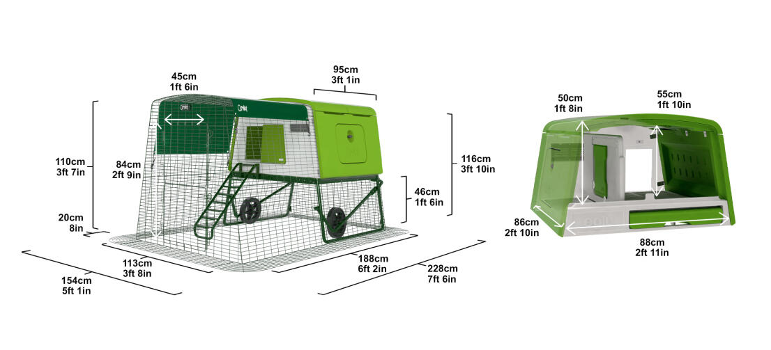 Green Eglu Cube chicken coop with dimensions on white background.