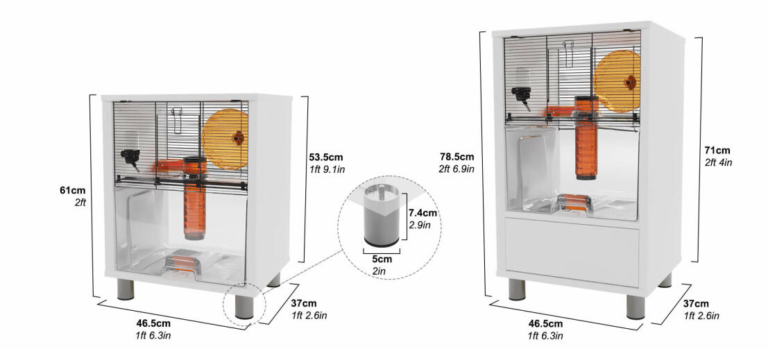 The dimensions of the Qute cage, with and without storage.