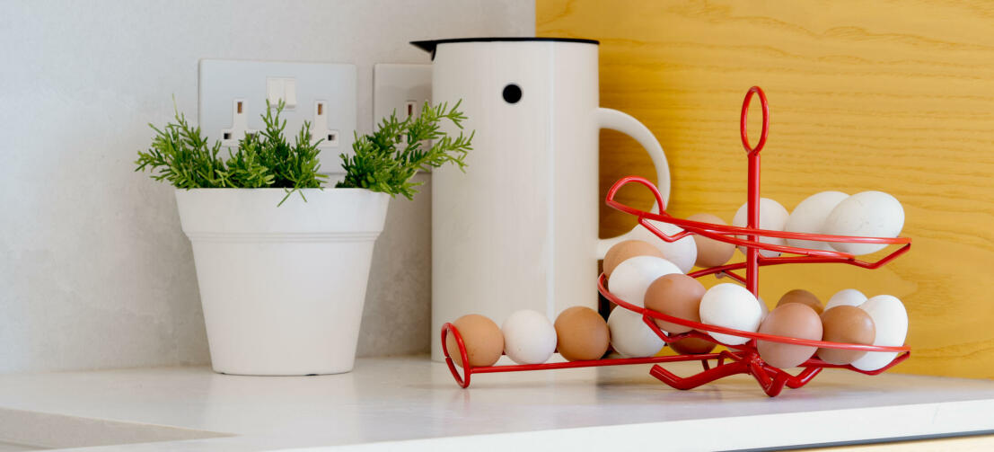 An Omlet egg skelter full of fresh eggs in a kitchen An Omlet egg skelter full of fresh eggs in a kitchen