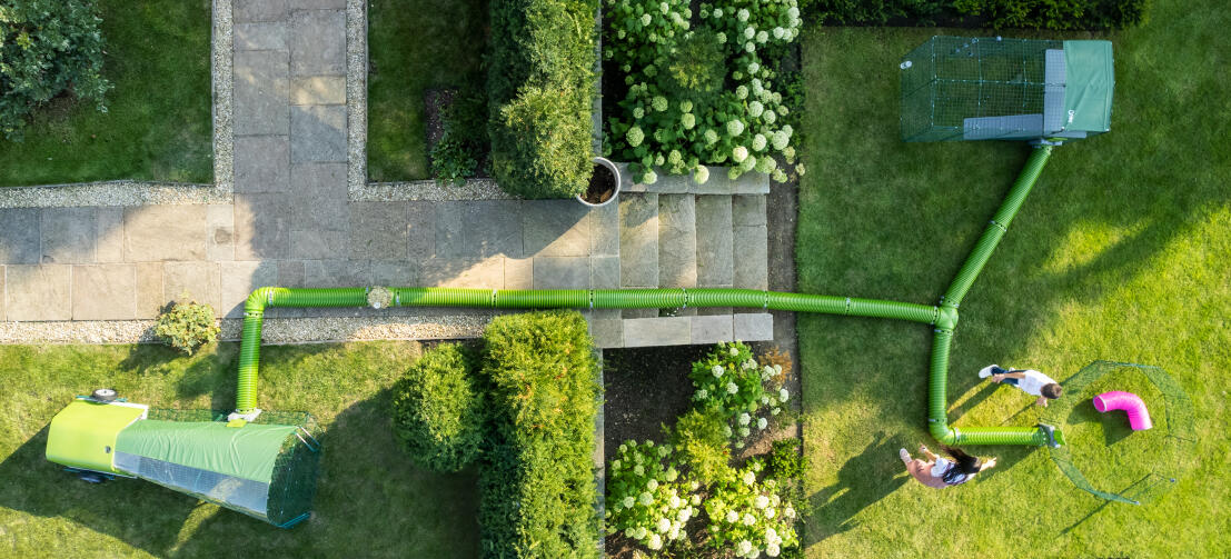 Drone shot of Zippi run, playpen and tunnel system set up in a garden.