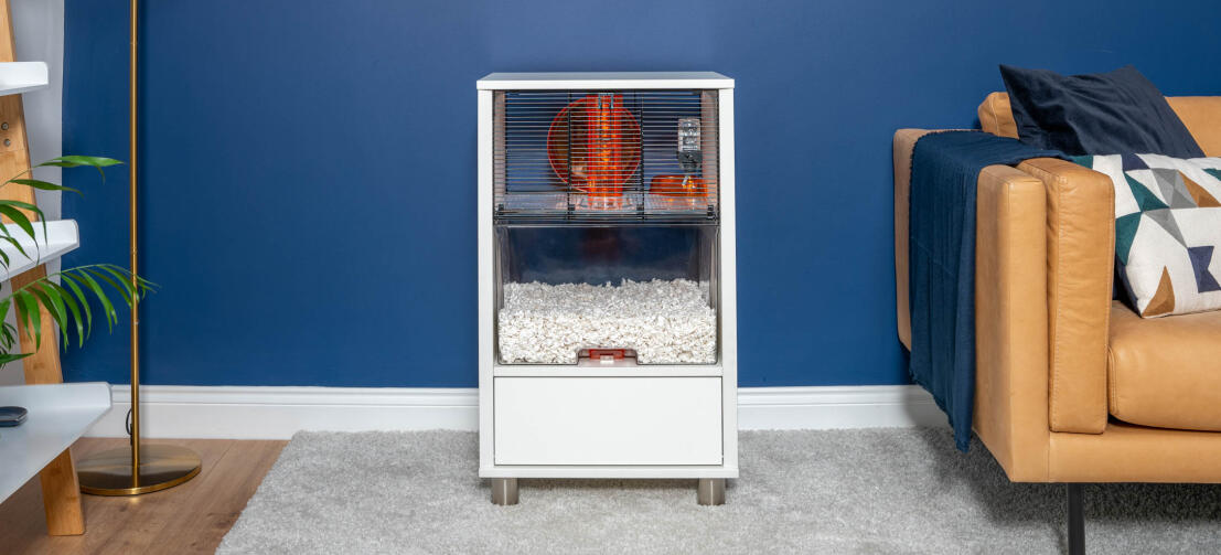 Modern white Qute Hamster and Gerbil cage in a living room.