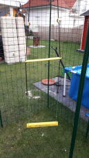 A yellow chicken swing placed in a large enclosure