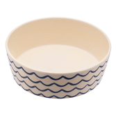 A pretty pet bowl with a blue wave design.