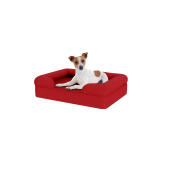 Dog sitting on small merlot red memory foam bolster dog bed