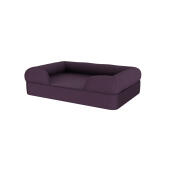 A dark purple memory foam bolster dog bed.