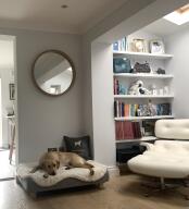 A dog resting on his grey dog bed