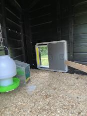 Omlet grey automatic chicken coop door attached to wooden chicken coop