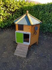 A hexaGonal wooden chicken coop with a green Autodoor attached