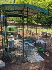 Omlet walk in chicken run with green Omlet Eglu Cube large chicken coop and run