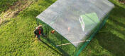 Overhead shot of owner entering his walk in chicken run, with a clear cover on top