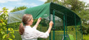 Lady attaching Omlet shade cover to Omlet walk in chicken run