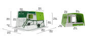 Green Eglu Cube chicken coop with dimensions on white background.
