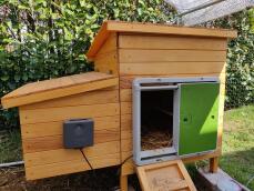Omlet green automatic chicken coop door attached to wooden coop