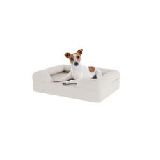 Dog sitting on small meringue white memory foam bolster dog bed