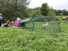 A pink rabbit hutch with a run attached