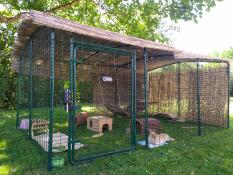 A large enclosure for a rabbit with lots of toys and accessories inside