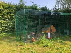 A walk in run with a cover over the top and a wooden chicken coop