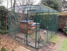 A walk-in run in a garden, with a wooden coop inside