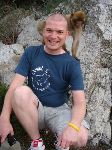 At the top of 'The Rock' in Gibraltar, November 2007. Omlet chickens and Barbary Apes unite!! 
