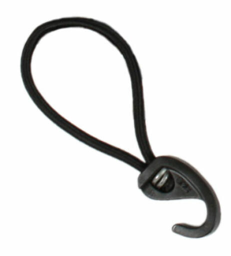 A black bungee cord for chicken coop covers.