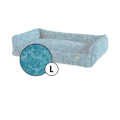 Large nest dog bed cover in teal doodle dog print by Omlet.