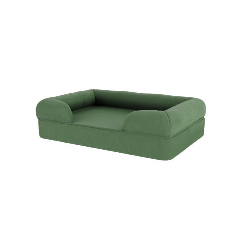 An green memory foam bolster dog bed.