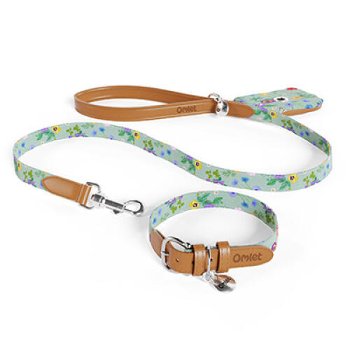 Dog lead, collar and poop bag holder in green and multicoloured floral gardenia sage print by Omlet.