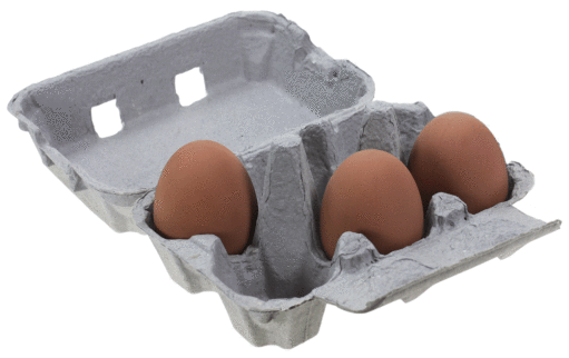 A six egg eggbox with three eggs in it