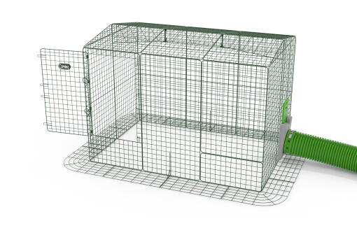 A diagram of a guinea pig run with a Zippi tunnel attached