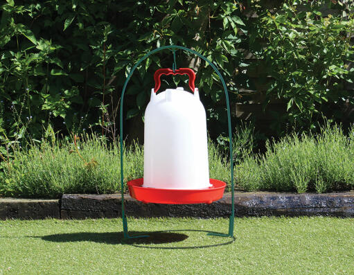 A feeder drinker hoop with drinker in the garden