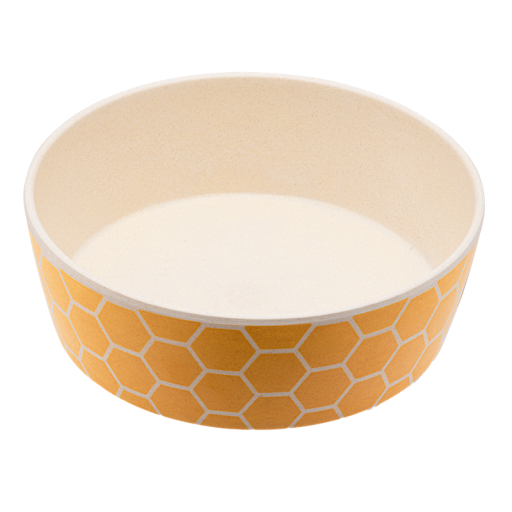A pet bowl in yellow with a Geometric design.