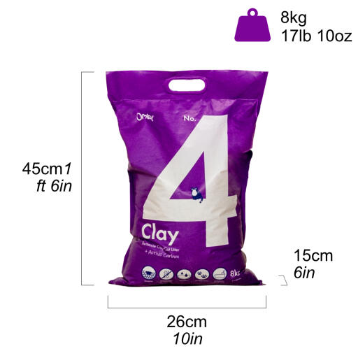 Clay cat litter bag showing dimensions