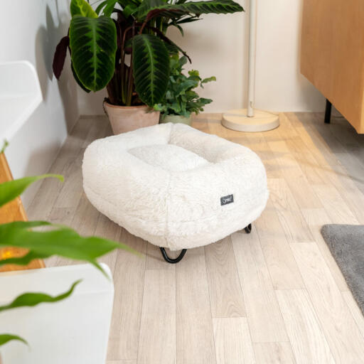 A Maya donut cat bed in white with black legs.