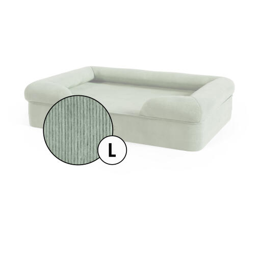 Large bolster dog bed corduroy cover in moss green shade by Omlet.