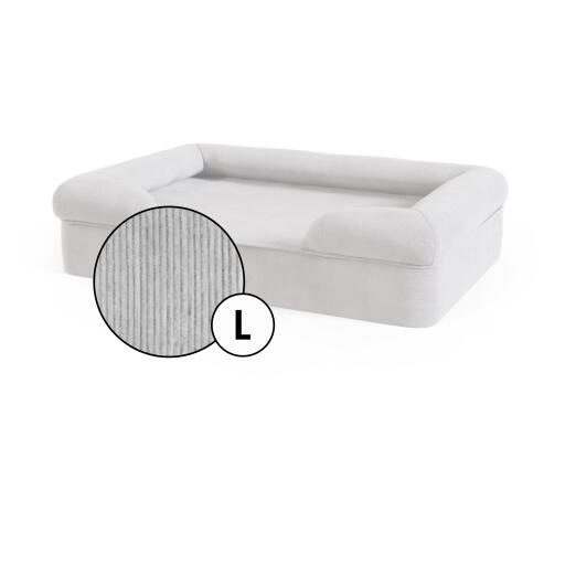Large bolster dog bed corduroy cover in pebble grey shade by Omlet.