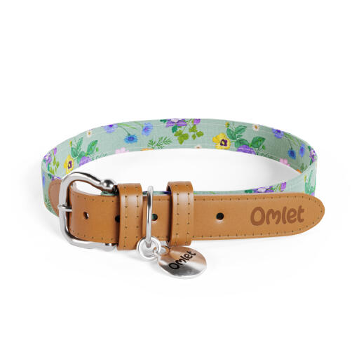 Large dog collar in green and multicoloured floral gardenia sage print by Omlet.