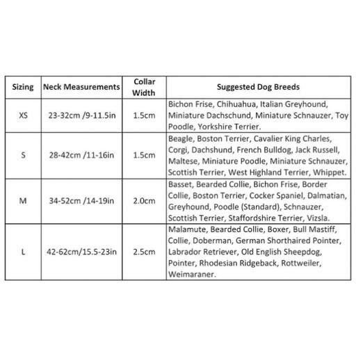 Long paws comfort padded dog collar size guide