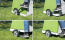 A person demonstrating how to activate the wheels of a coop by pressing the lever with their foot