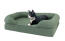 Omlet memory foam bolster bed for cats in sage green with cat laying on it