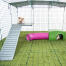 Inside Omlet Zippi rabbit playpen with Zippi platforms, green Zippi shelter, Zippi play tunnel and two rabbits