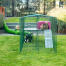 Omlet Zippi rabbit playpen with Zippi platforms, purple Zippi shelter, Zippi tunnel and rabbits