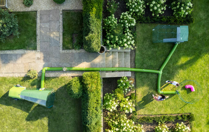 Drone shot of Zippi run, playpen and tunnel system set up in a garden.