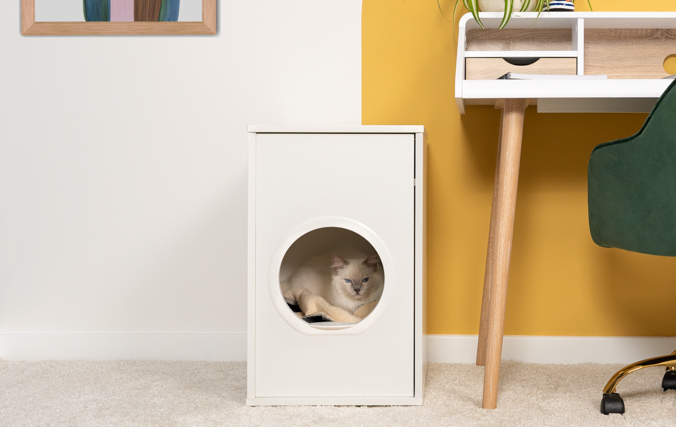 Cat sat in modern cat bed furniture in Enclosed Space which Reduces Drafts and Disturbances