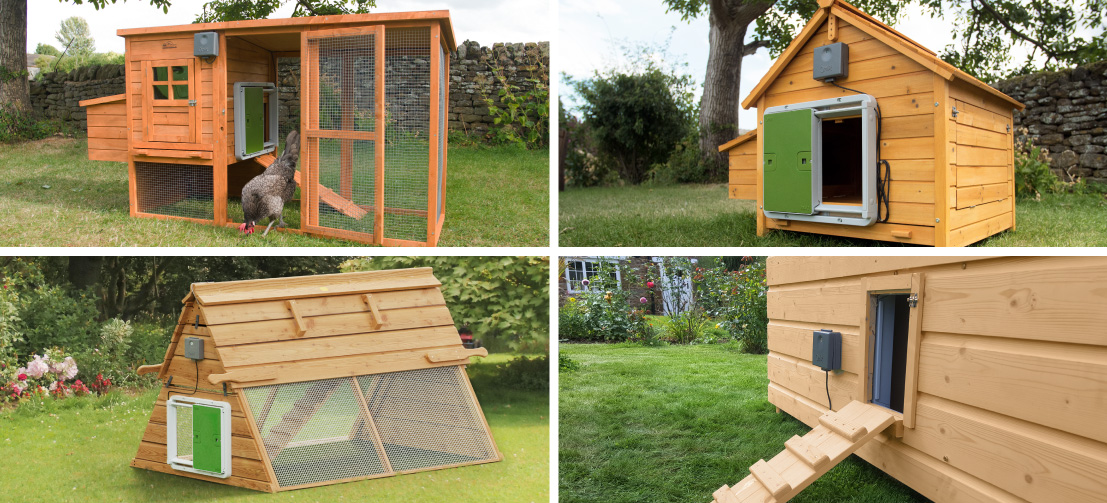 Four images of the Autodoor fitted on to different wooden chicken coops