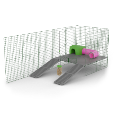 Zippi Guinea Pig Platforms - 4 panels with Green Shelter, Play Tunnel and Caddi Treat Holder