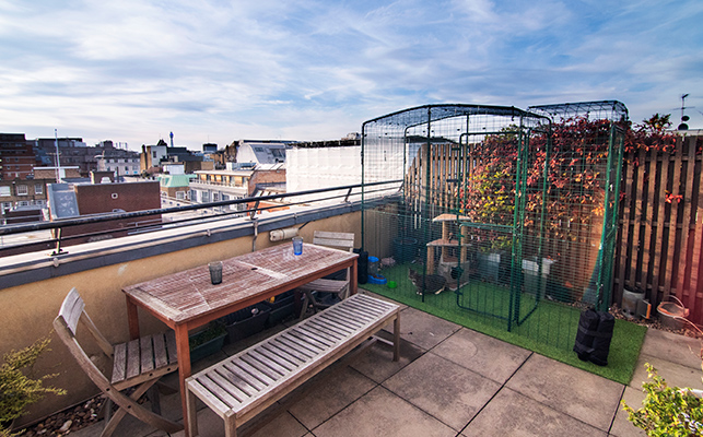 The cat balcony enclosure on an apartment building roof terrace in the middle of a city with the optional porch